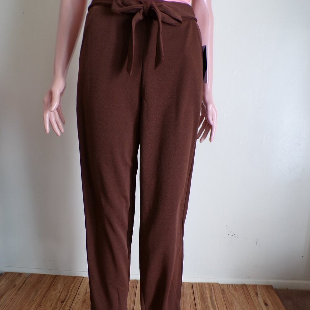 Brown Straight-Leg Pants | Tie Waist | Pocketed | Size
